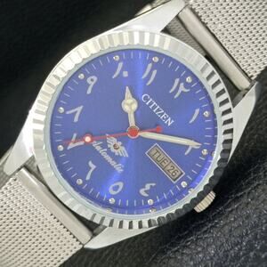 Vintage 1986 Citizen Automatic Mens Silver Watch W/daydate & Blue accents